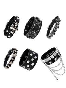 3/6pcs Punk Gothic Leather Wrist Cuff Bracelet, Skull Star Cross Pattern, Retro Rock Style, Unisex Stackable Wristband, All Season Party Accessory - Black - View 8