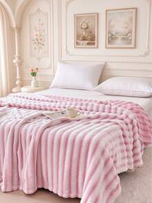 1pc Striped Print Faux Rabbit Fur Blanket, Soft Comfortable Warm Blanket For Home Decor, Suitable For Bed, Sofa, Office, Room Decoration, Dorm, Machine Washable - Pinkish White - View 1