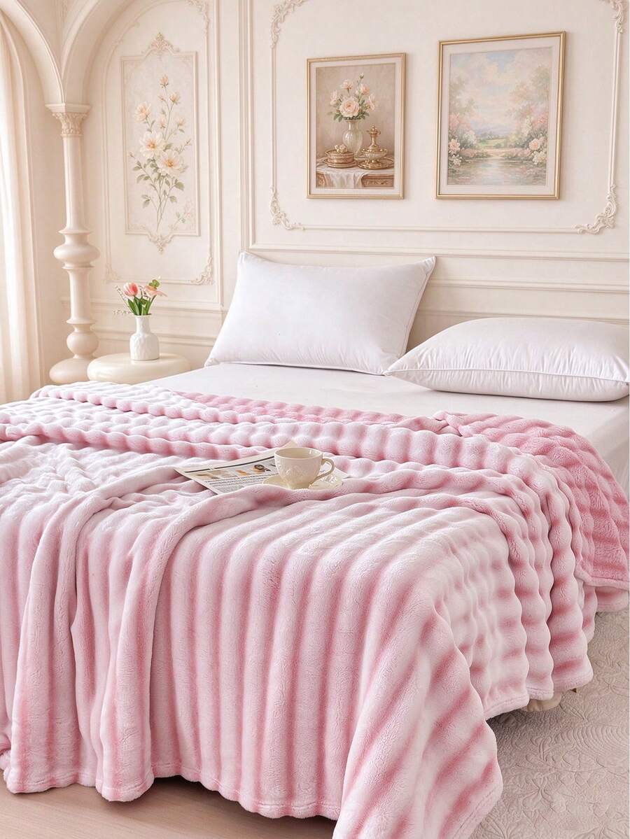 1pc Striped Print Faux Rabbit Fur Blanket, Soft Comfortable Warm Blanket For Home Decor, Suitable For Bed, Sofa, Office, Room Decoration, Dorm, Machine Washable - Pinkish White - View 1