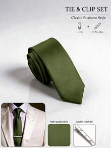 1 Set 5cm Thin Striped Men's Tie And Tie Clip Accessory, Business Fashion Premium Versatile, Suitable For Wedding, Evening Party, Work, Interview, Gathering - Army Green - View 1
