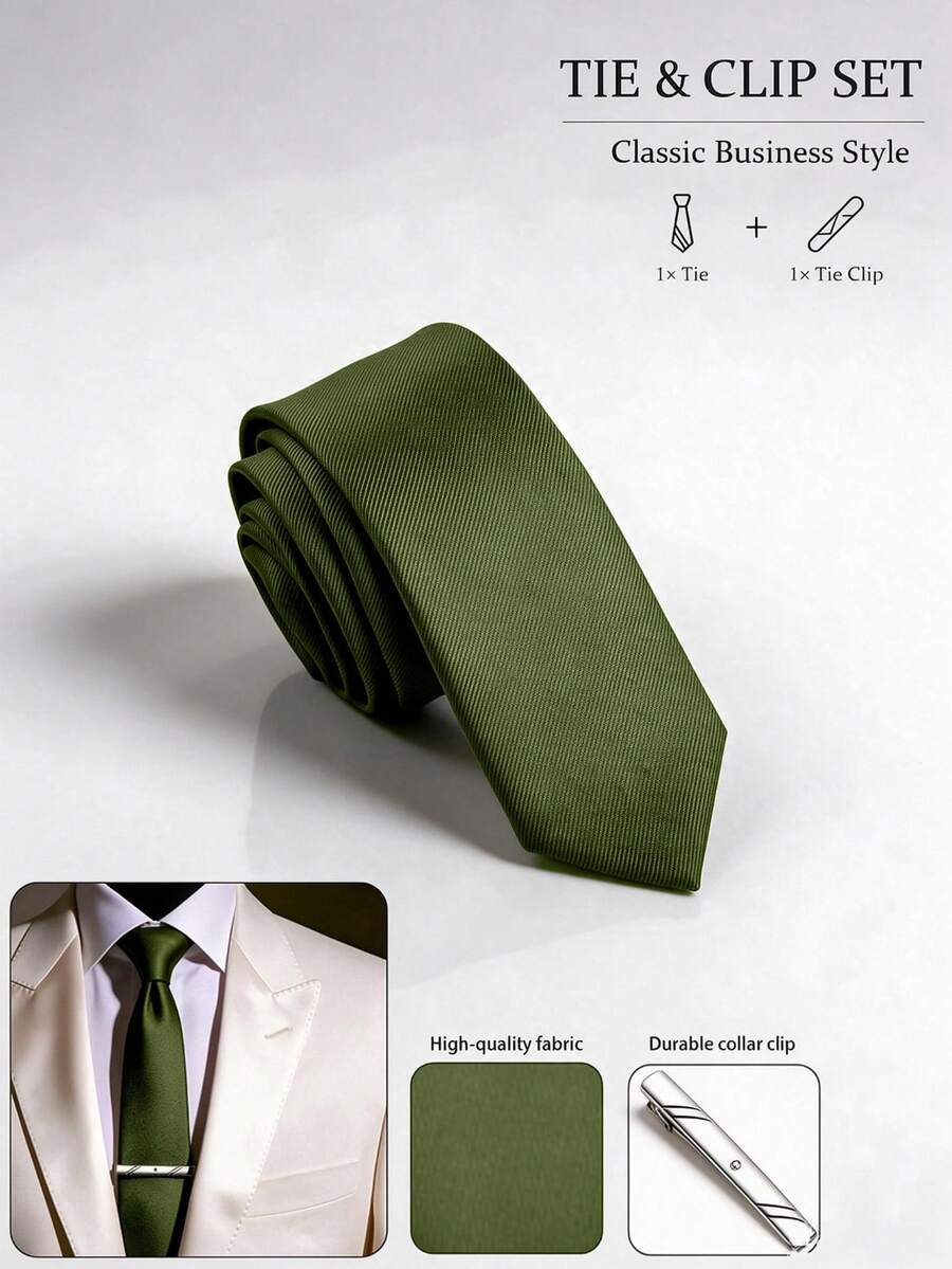 1 Set 5cm Thin Striped Men's Tie And Tie Clip Accessory, Business Fashion Premium Versatile, Suitable For Wedding, Evening Party, Work, Interview, Gathering - Army Green - View 1