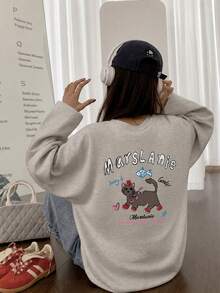 Women's Fashion Autumn/Winter Loose Minimalist Versatile Cartoon Cat Print Long Sleeve T-Shirt - Light Gray - View 4