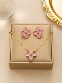 RAYQUEEN Stainless Steel Drip Oil Flower Necklace & Earrings Set, Luxury Niche High-End Non-Fading Jewelry Set, Suitable For Gifts - Pink - View 3