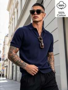 WAIT HIM Men's Casual Solid Color Turn-Down Collar Short Sleeve Knit Top - Navy Blue - View 1