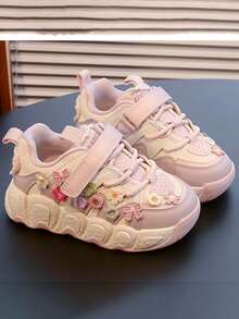 1 Pair Girls Cute 3D Flower Hook & Loop Chunky Sneakers, Soft Sole Thick Bottom Casual Sports Sneakers, All Season - Pink - View 3