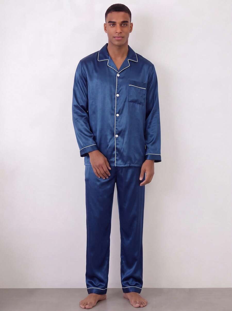 Snug League Setelan Dua Potong Piyama Pria Musim Gugur dan Musim Dingin Lengan Panjang Celana Motif Ukuran Besar Pakaian Tidur Longgar Setelan Rumah - Biru - View 1