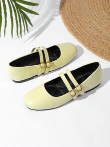 Women's Flat Pale Yellow Mary Jane Ballet Shoes With Double Straps - Light Yellow - View 3