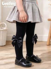 1pc Baby Girl Sweet Large Bow Knitted Tights, Children's Ribbed High Elastic Base Tights, Suitable For Girls' Daily Versatile Wear - Black - View 2