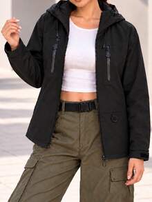 Women's Casual Hooded Jacket With Zippered Pockets Adjustable Hood Stand Collar Zip Front Outdoor Outerwear. - Black - View 2