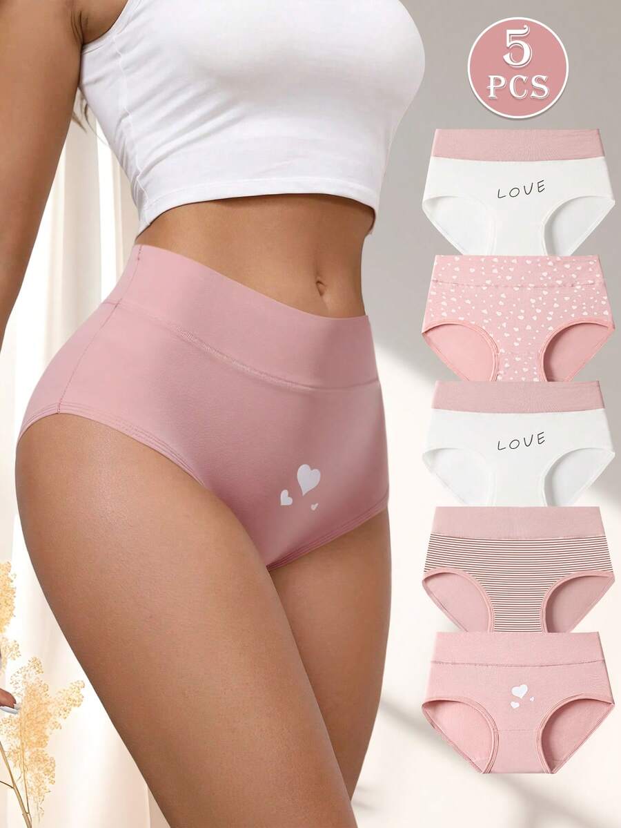 5pcs Pink High Waist Heart Print Cotton Women's Panties, Bodycon Elastic Comfortable Lingerie