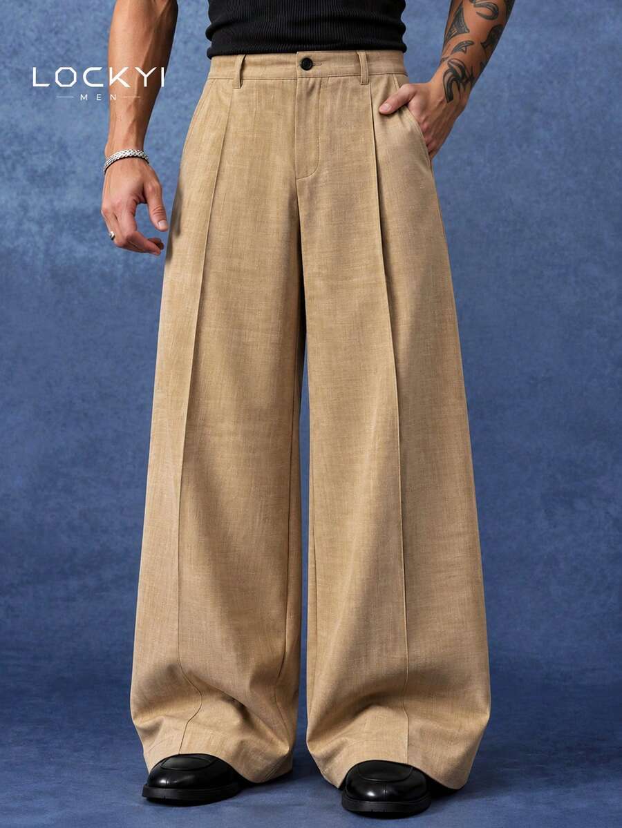 Men's Khaki Wide Leg Casual Pants, Drapey Comfortable Versatile Commuter Long Pants - Brown - View 1
