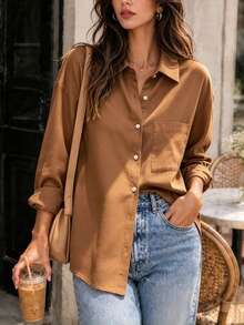 2026 Early Autumn Fashion Commute & Outing Basic Cotton Long Sleeve Shirt, Solid Color Minimalist Button-Down Elegant Blouse For Women - Mocha Brown - View 5
