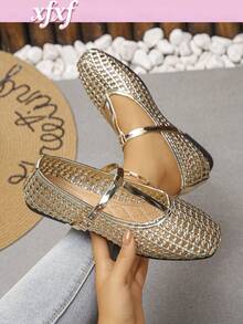 XfxfA Women's Gold Hollow Flat Shoes, Fashion T-Strap Design, Suitable For Daily Casual/Shopping Wear - Gold - View 1