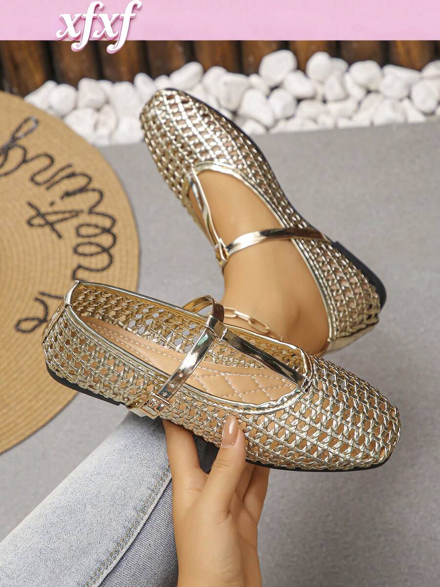 XfxfA Women's Gold Hollow Flat Shoes, Fashion T-Strap Design, Suitable For Daily Casual/Shopping Wear - Gold - View 1