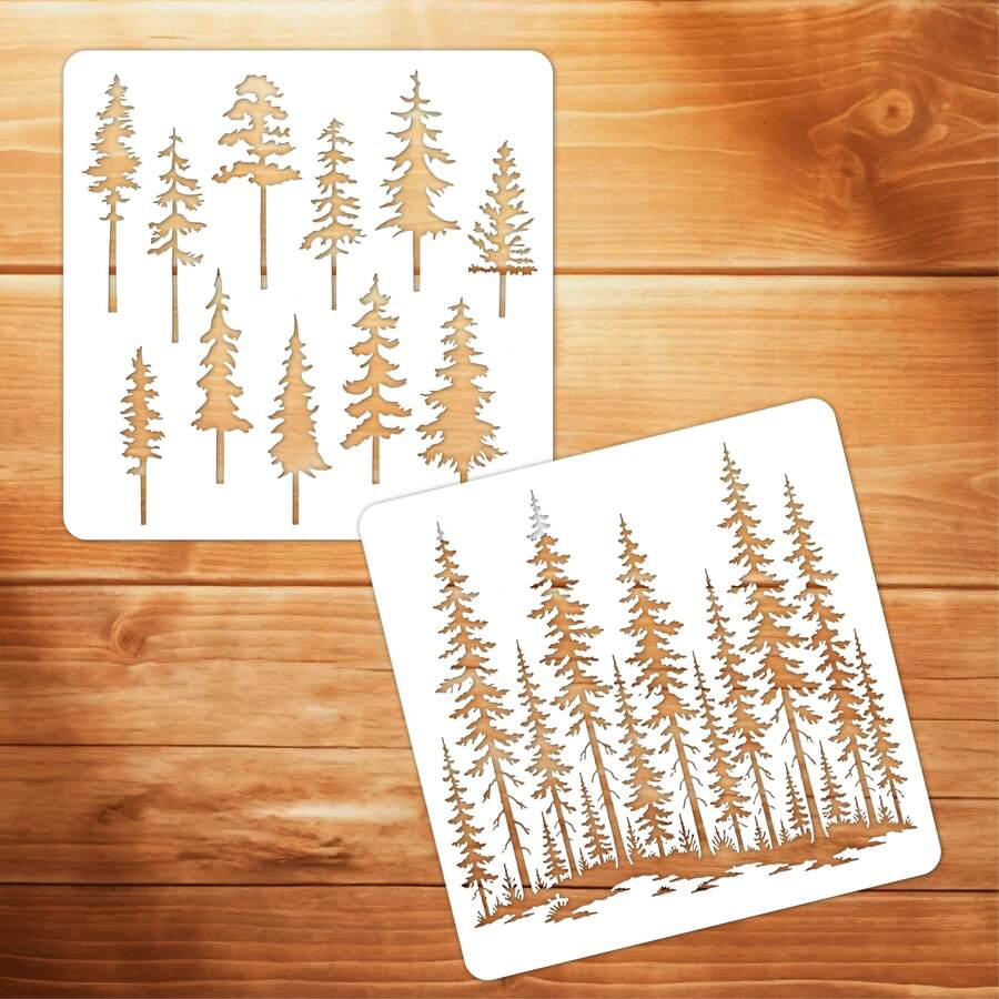 2pcs Pine Tree Stencil Set, 7.87X7.87 Inches, Washable And Reusable Woodland Forest Painting Stencils, Includes Spruce, Fir And Cedar Patterns, Suitable For DIY Crafts, Walls, Glass, Home Decor, Holiday Decorations - A - View 1