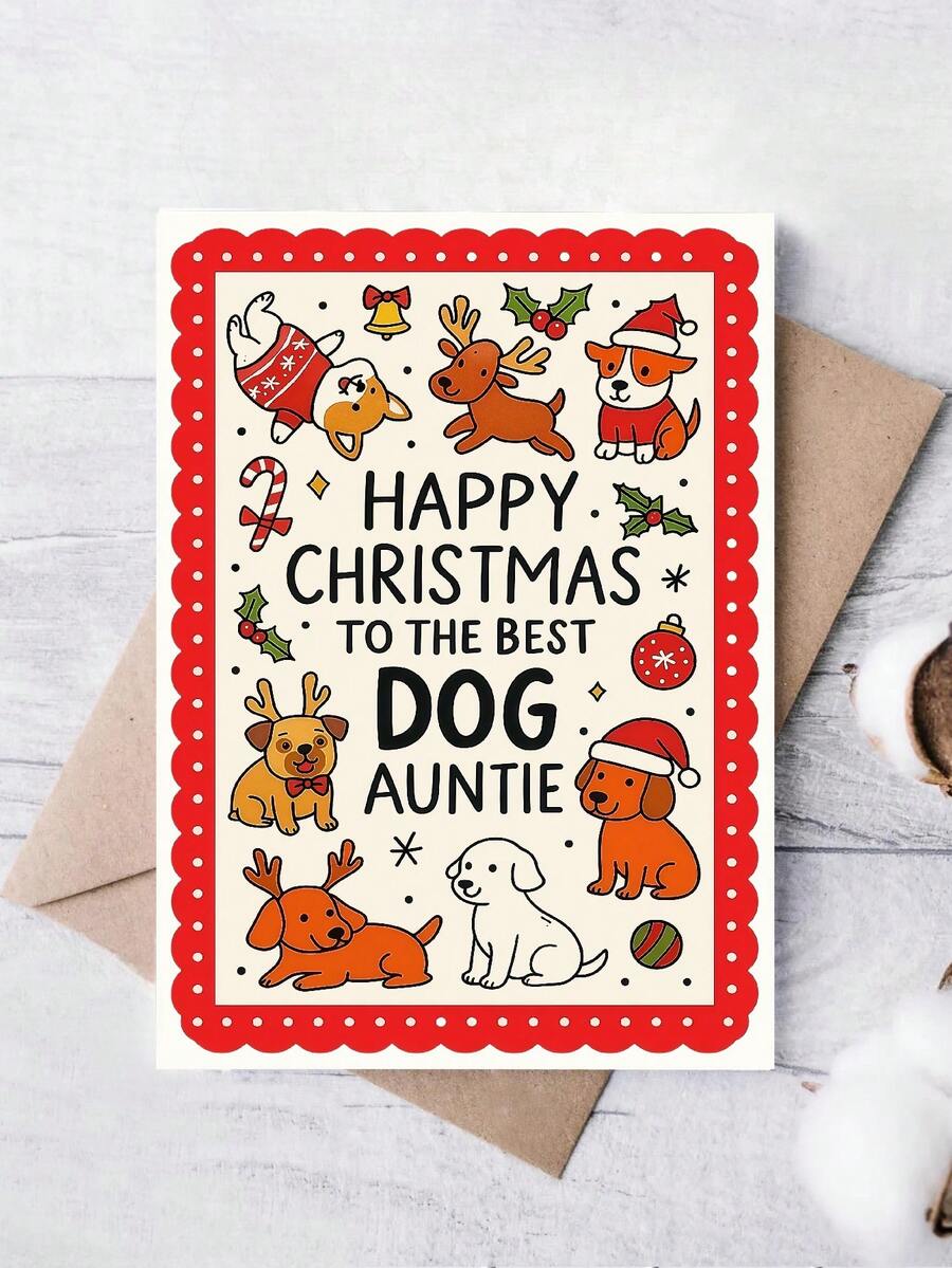 1pc Heartwarming Christmas Card For Aunt, Pet Lover – Cute Puppy Dog Cartoon Illustration, Holiday Cheer, Thickened, With Envelope - A - View 1