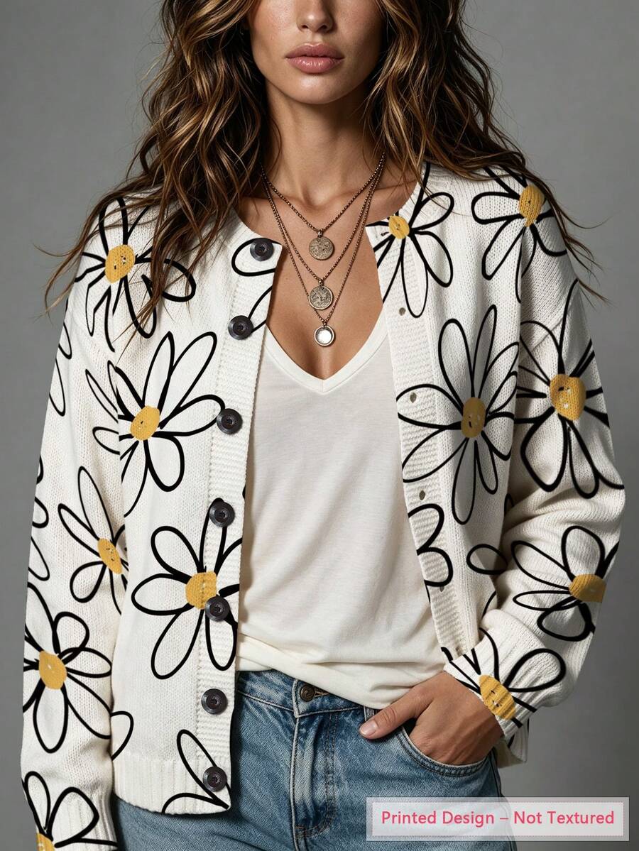ASHKATIA Women's Plus-Size Vintage Cardigan Sweater, Fall Winter Knit For Social Occasions Daisy Line Pattern - Multicolor - View 1