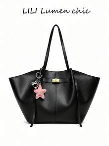 Gold Buckle Star & Heart Pendant Decor Tote Bag, Shoulder Handbag, Buckle Closure, Minimalist Luxury Style, Large Capacity Wing-Shaped Tote Bag, Suitable For Women's Commuting, Office And Daily Use - Black - View 6