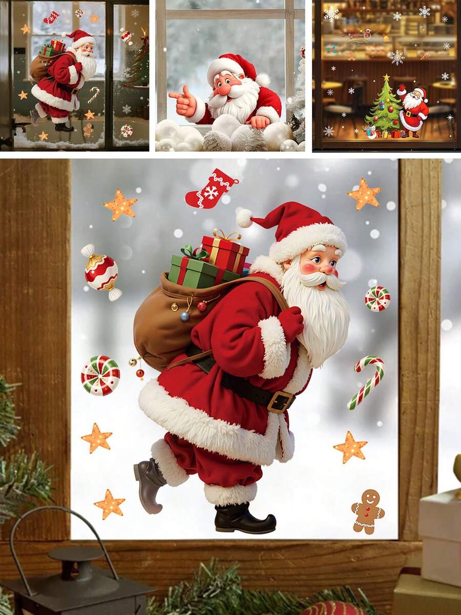 BRUP 1PC Cartoon Santa Claus Window Sticker, Double-Sided Printed, Christmas Decor For Kids Room, Gift Sack Candy Cane Gingerbread Man Glass Holiday Decal - Multicolor - View 1