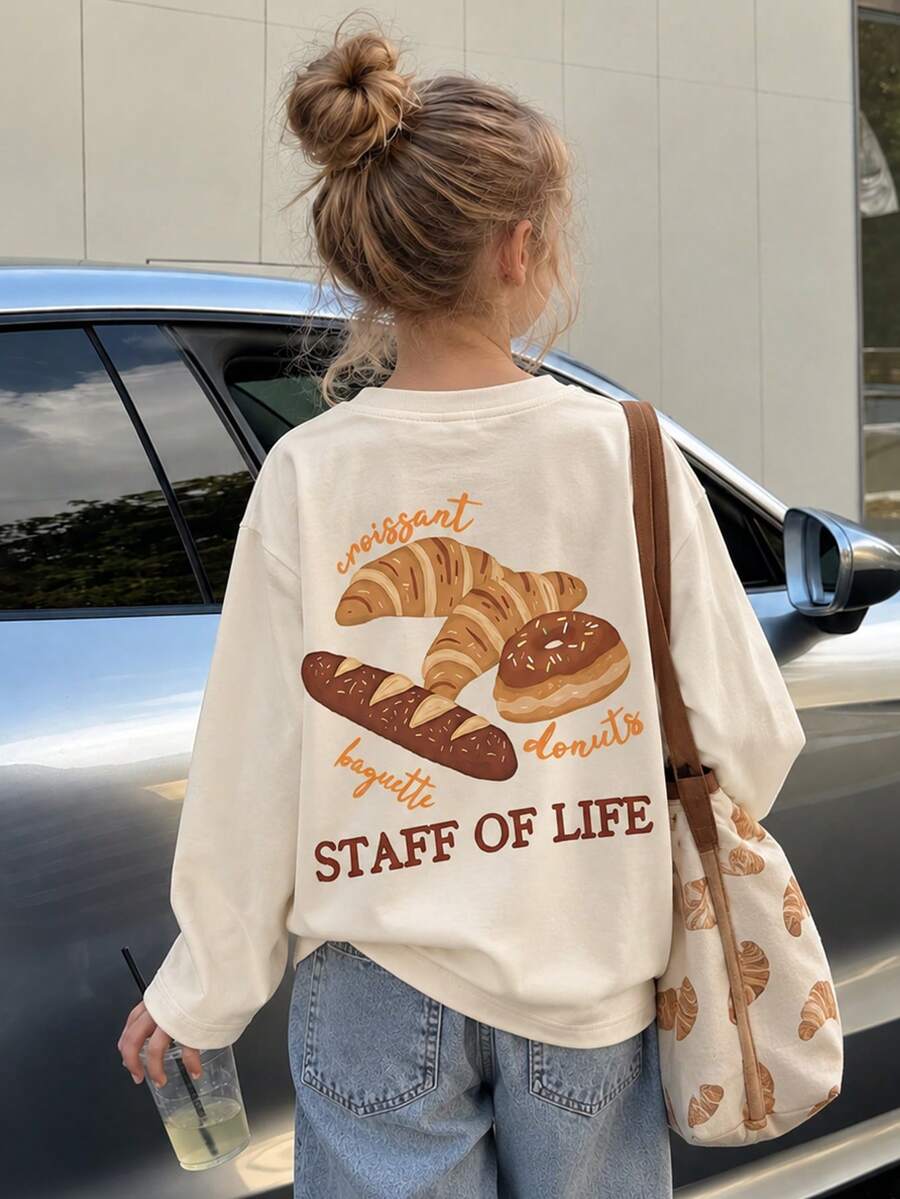 Tween Girl 1pc Printed Long Sleeve T-Shirt, Suitable For Girls' Autumn/Winter Tops, Young Student Children's Clothing, Suitable For Outerwear And Layering - Apricot - View 1