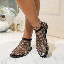 Women Rhinestone Embellished Shiny Mesh Flat Sandals, Summer Beach Holiday Black Slides Valentines - Black - View 13