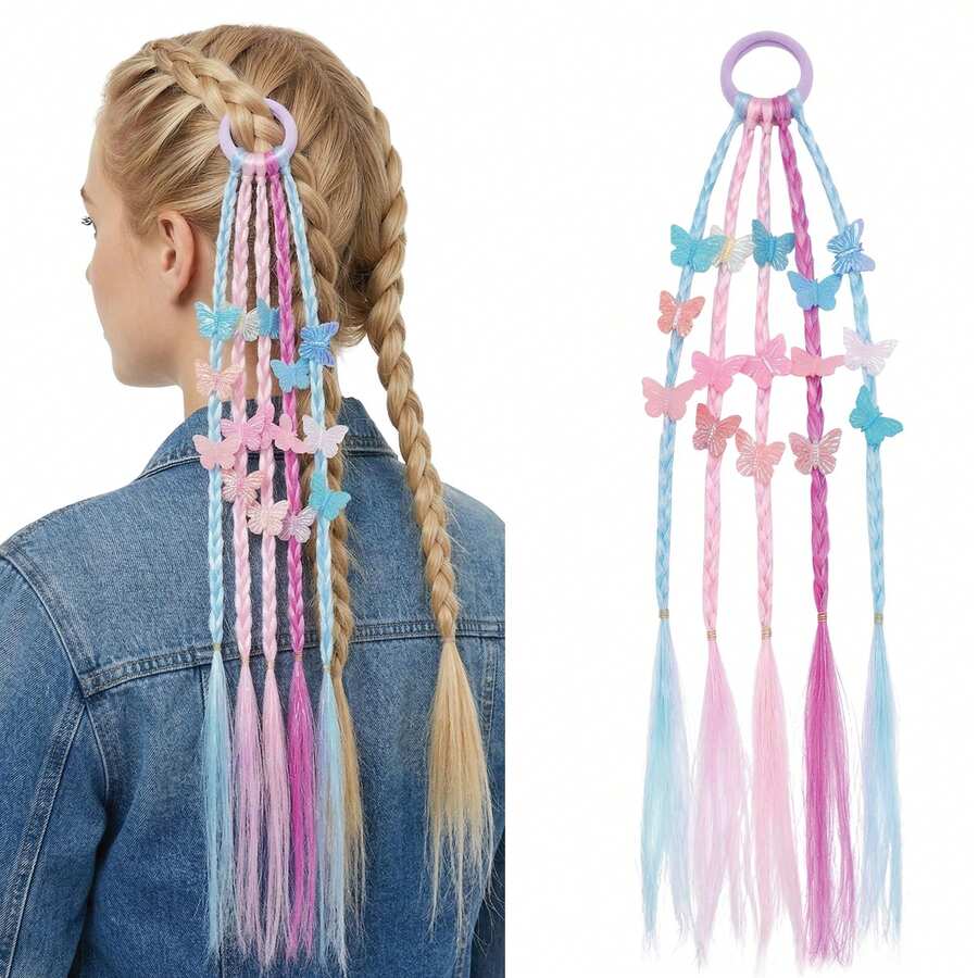 KIWI Hairpiece With 5 Braids And Butterflies For Girls, Colorful Costume Accessory With Clip, Ideal For Carnival, Halloween And Parties - Option 2 - View 1