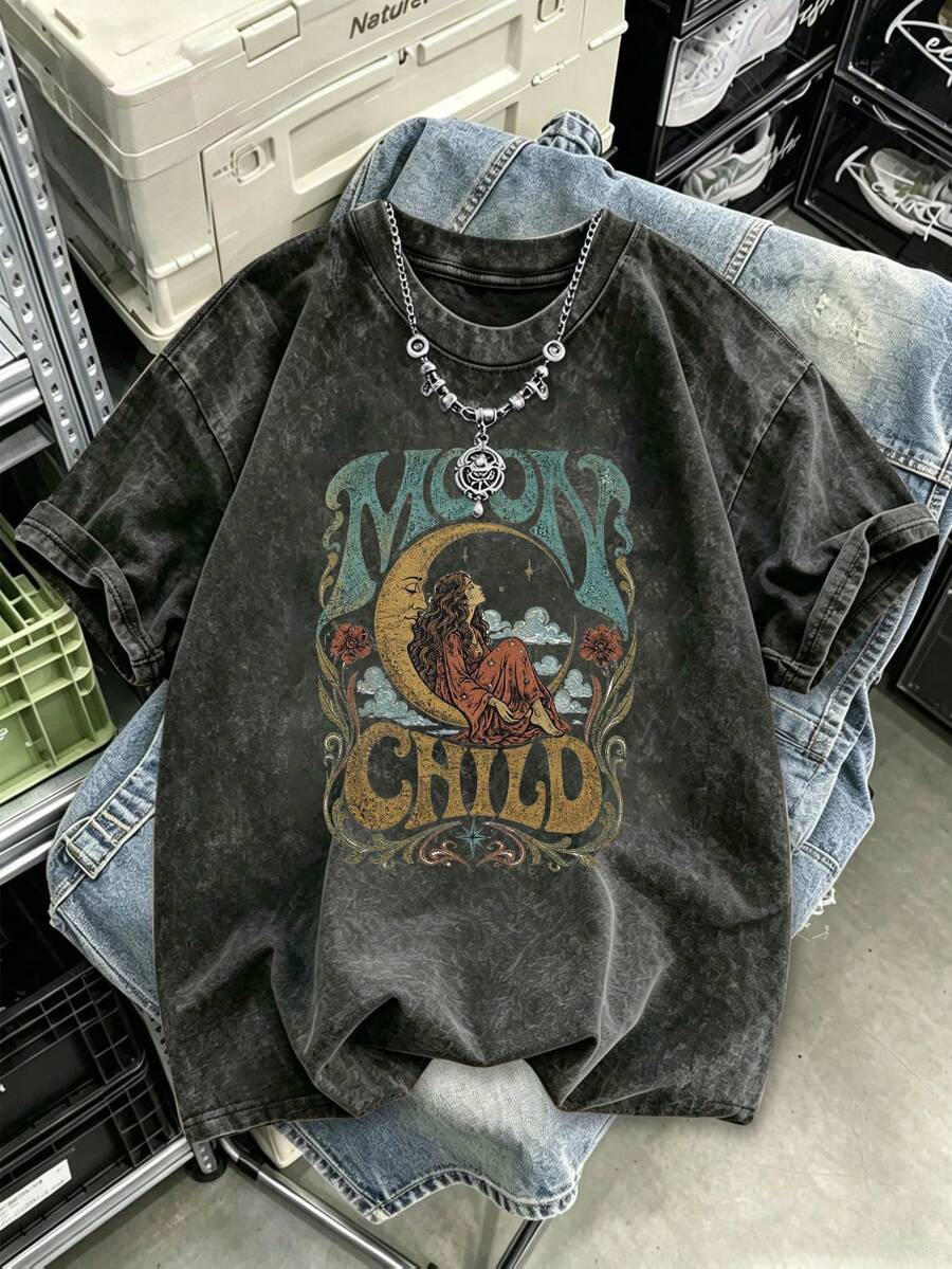 水洗 T-shirt,復古風格,90 年代做舊大尺碼女款 T-shirt,女款上衣 - 黑色 - 查看 1