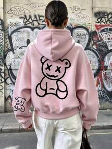 Autumn/Winter Casual Bear Pattern Drawstring Hooded Sweatshirt, Suitable For Running, Home Leisure, Gatherings, Parties And Other Occasions, Pink - Pink - View 1