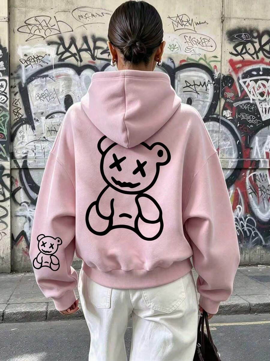 Autumn/Winter Casual Bear Pattern Drawstring Hooded Sweatshirt, Suitable For Running, Home Leisure, Gatherings, Parties And Other Occasions, Pink - Pink - View 1