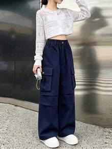 Girls Casual Versatile Solid Color Cargo Pants, Straight Leg Long Trousers, Children's Clothing - Navy Blue - View 2