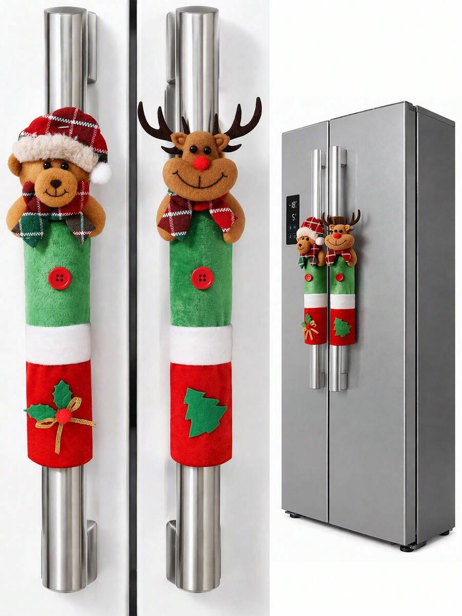 2pcs Christmas Cute Bear & Reindeer Fridge Handle Covers, Christmas Kitchen Appliance Handle Covers, Detachable And Reusable Protective Sleeve, For Christmas Decorations, Winter Holiday Home Decor, Refrigerator, Dishwasher, Microwave Decor - Reindeer Bear Style - View 1