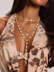 5pcs/Set Y-Shaped Necklace Set, Multi-Layer Fashion Minimalist Elegant Exquisite Vintage Design, Faux Pearl Cross Rhinestone Shiny Geometric Simple Chain Tassel Pendant Metal Style Y-Shaped Necklace Multi-Piece Set, Holiday Vacation Party Date Gift Daily Commute Wear - Gold - View 5