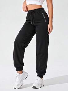 Women's Solid Color High Waist Drawstring Elastic Waist Tapered Jogger Pants With Zipper Pockets Casual Athletic Sweatpants - Black - View 4