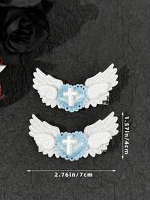 2pcs Sweet Cool Subculture Angel Wings Heart Cross Hair Clips, Niche Aesthetic Lolita Style Side Clips For Cosplay, Date, Photo Styling - Multicolor - View 6