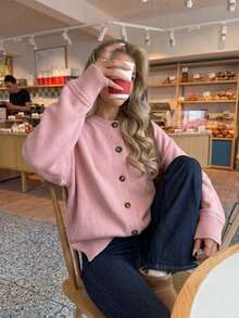 Button Front Pink Knit Cardigan, Long Sleeves, Side Slits, Ribbed Trim, Relaxed Fit, Soft-Touch Casual Fall Cardigan Sweater For Women - Pink - View 5