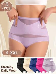 MIOTAN 5pcs Women's High Waist Panties, Triangle Briefs, Criss-Cross Strap Design, Solid Color, Tummy Control, Elastic, Soft - Multicolor - View 1