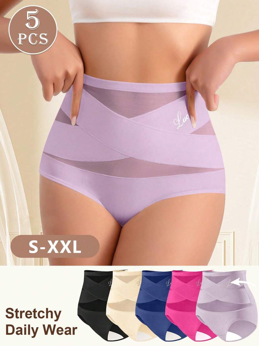 MIOTAN 5pcs Women's High Waist Panties, Triangle Briefs, Criss-Cross Strap Design, Solid Color, Tummy Control, Elastic, Soft - Multicolor - View 1