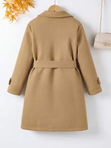 Girls' Autumn/Winter Long Coat, Camel Wool Blend Overcoat, British Style Tie-Waist Warm Jacket - Khaki - View 2