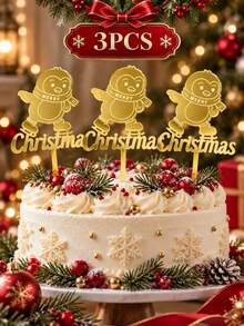 3件組金色鏡面壓克力聖誕蛋糕裝飾插牌,雷雕溜冰企鵝圖案與Merry Christmas字母,適用於聖誕派對、冬季慶祝與甜點桌節日蛋糕裝飾 - A - 查看 12