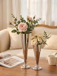 Silver Fluted Trumpet Vase,Tall Decorative Table Vase For Dried Flowers, Wedding Centerpiece Home Tabletop Decor,Vase For Bunny Tail Grass, Aesthetic Home Decor, Farmhouse Table Decor, Party Table Decoration, Housewarming Gift. - Fashionable Style - View 5