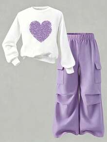 Young Girl Round Neck Heart Print Long Sleeve Sweatshirt And Long Pants Casual Daily Set - Purple - View 2