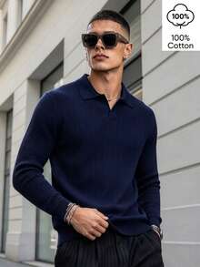 WAIT HIM 100% Cotton Men's Casual Solid Color Long Sleeve Ribbed Undershirt - Navy Blue - View 1