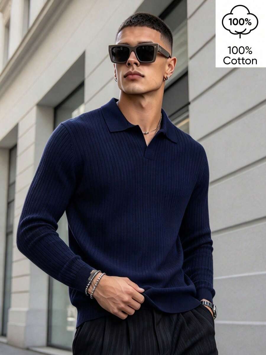 WAIT HIM 100% Cotton Men's Casual Solid Color Long Sleeve Ribbed Undershirt - Navy Blue - View 1
