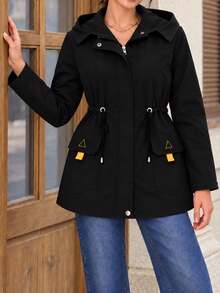 Women's Hooded Utility Jacket With Adjustable Cinched Waist Flap Pockets Zip Front Casual Mid Length Coat - Black - View 4