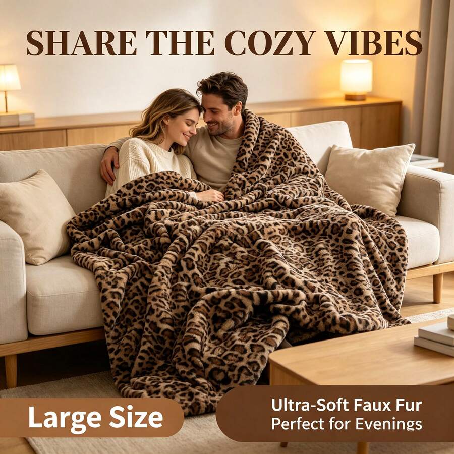 1pc Leopard Print Faux Rabbit Fur Double Layer Warm Blanket, Faux Animal Fur Soft And Smooth Double-Sided Plush Blanket Suitable For Home Living Room Bedroom Sofa All Seasons Multi-Functional Throw Blanket, Enhance Your Quality Of Life