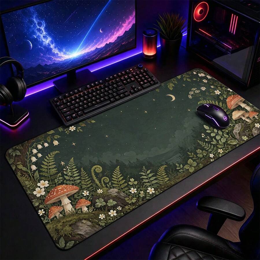 1pc Dark Green Cottagecore Mushroom Large Desk Mat, Non Slip Extended Gaming Mouse Pad, Forest Aesthetic Desktop Decor - View 1