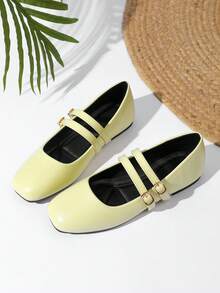 Women's Flat Pale Yellow Mary Jane Ballet Shoes With Double Straps - Light Yellow - View 2
