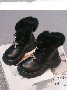 1 Pair Girls' Boots, Rhinestone Bow Fur Trim Thick Sole Warm Ankle Boots, Winter Style - Black - View 4