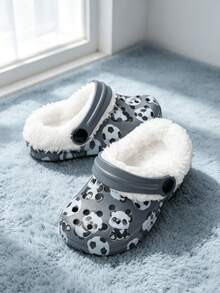 Boys' Comfortable Fashion Casual Lightweight Cute Cartoon Football Panda Thermal Lined Warm Pattern Printed Clogs - Dark Grey - View 3