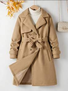 Girls' Autumn/Winter Long Coat, Camel Wool Blend Overcoat, British Style Tie-Waist Warm Jacket - Khaki - View 1